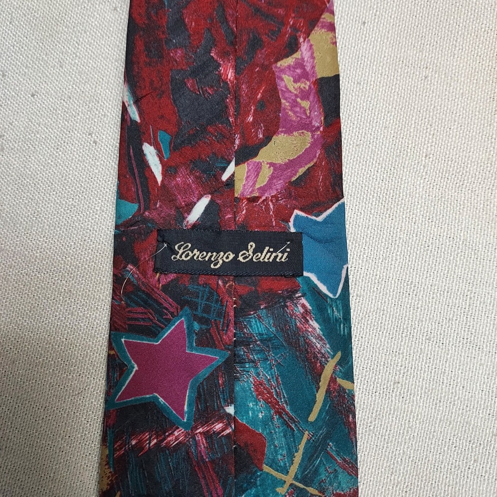 Vintage Lorenzo Selini Necktie Mens Abstract Art Teal Red Gold Novelty Tie - Picture 3 of 3